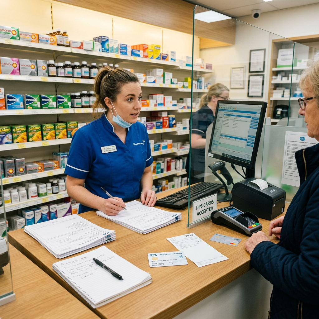 Pharmacy counter with paperwork and DPS card