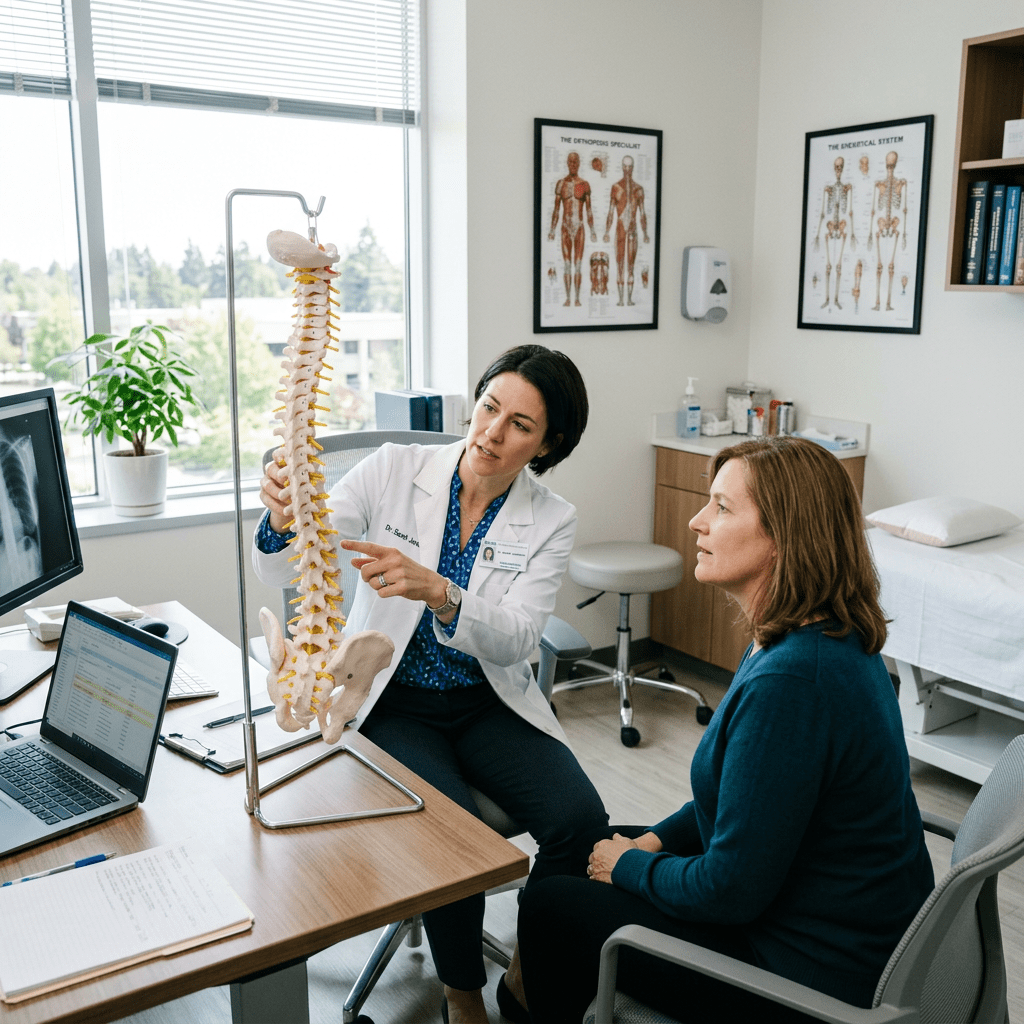 Doctor in white coat showing spine model to a seated patient in a medical office